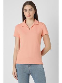 Van Heusen - Women Peach Solid Casual Polo Neck T-Shirt