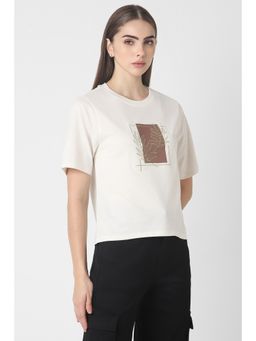 Van Heusen - Women Cream Embroidered Casual Round Neck T-Shirt