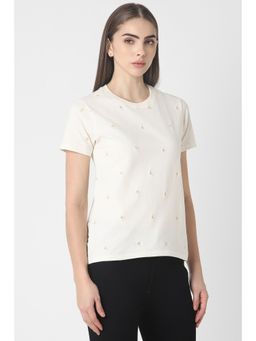 Van Heusen - Women Cream Embroidered Casual Round Neck T-Shirt