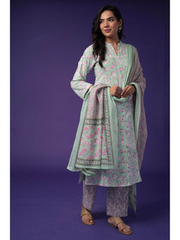 Zari Jaipur - Cotton Printed Unstitched Kurta, Bottom with Dupatta (Set of 3)