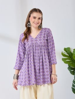 Fabclub - Women Rayon Purple Printed Purple Short Kurti