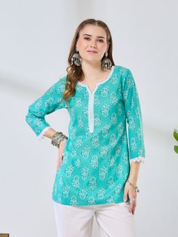 Fabclub - Cotton Aqua Blend Printed Straight Women Short Kurti