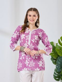 Fabclub - Cotton Purple Blend Printed Straight Women Short Kurti