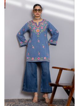 HOUSE OF KARI - Denim Blue Cotton Kashmiri Aari Short Kurta