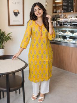 Rajnandini - Women's Yellow Pure Cotton Floral Printed Kurta