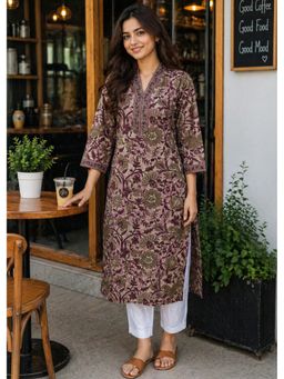 Rajnandini - Women's Wine Pure Cotton Floral Printed Kurta