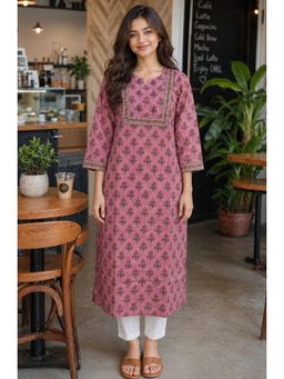 Rajnandini - Women's Pink Pure Cotton Floral Printed Kurta