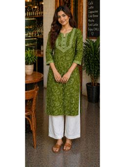 Rajnandini - Women's Mahendi Green Pure Cotton Floral Printed Kurta