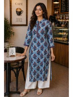 Rajnandini - Women's Blue Pure Cotton Floral Printed Kurta