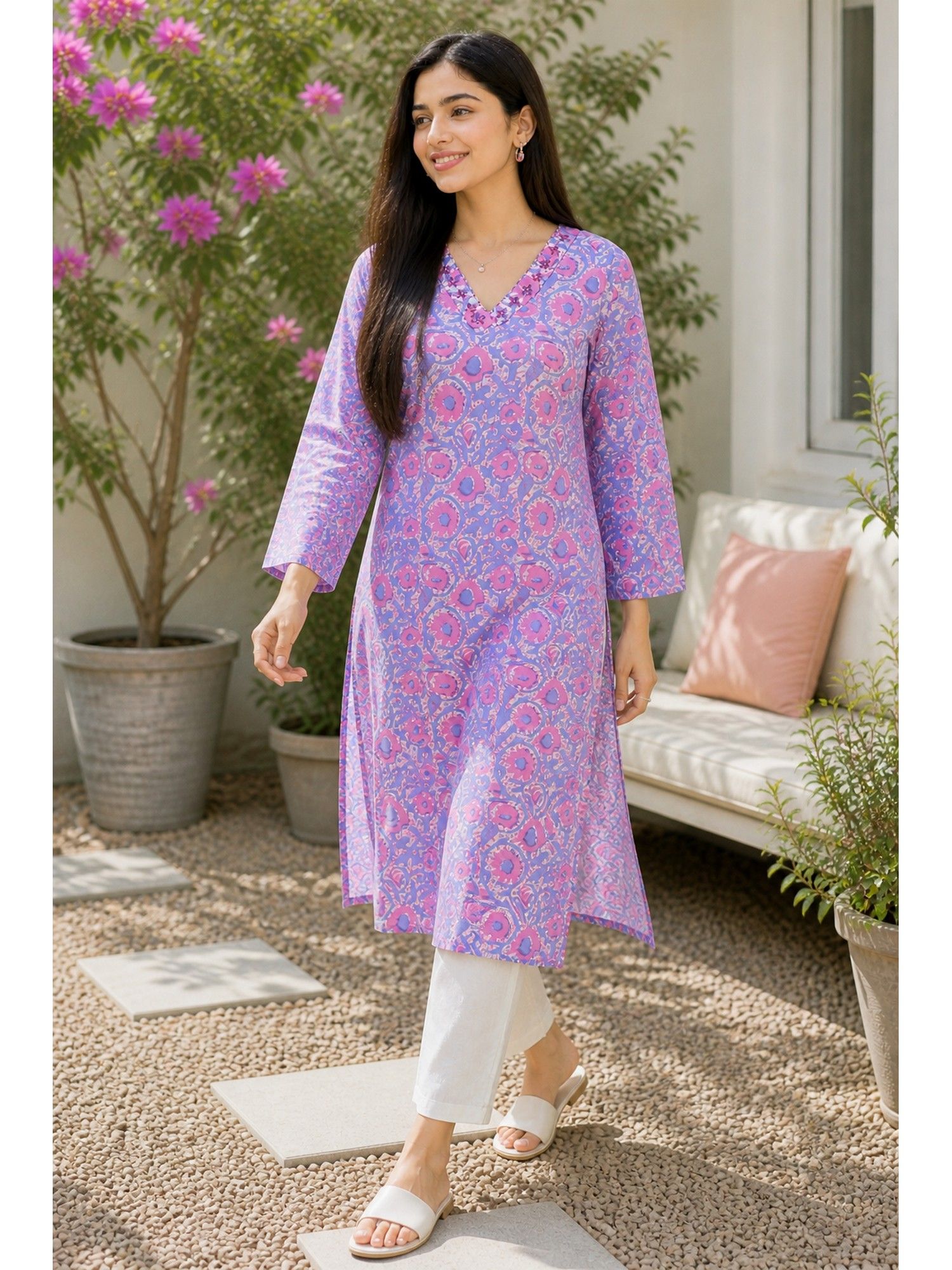 rajnandini Women's Pink Pure Cotton Floral Printed Kurta-picture-34