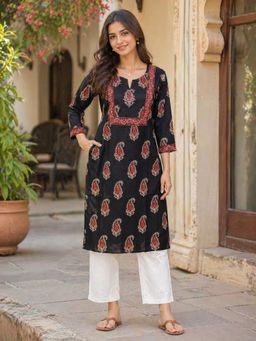 Rajnandini - Women's Black Pure Cotton Printed Kurta