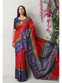 Unnati Silks - Red Pure Handloom Printed Vidarbha Tussar Silk Saree with Unstitched Blouse
