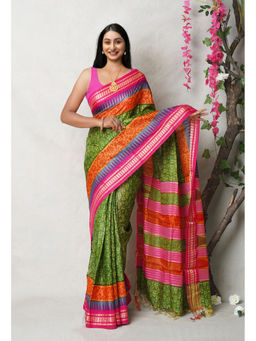 Unnati Silks - Green Pure Handloom Printed Vidarbha Tussar Silk Saree with Unstitched Blouse