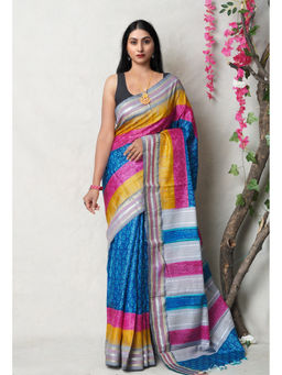Unnati Silks - Blue Pure Handloom Printed Vidarbha Tussar Silk Saree with Unstitched Blouse