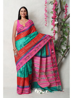 Unnati Silks - Green Pure Handloom Printed Vidarbha Tussar Silk Saree with Unstitched Blouse