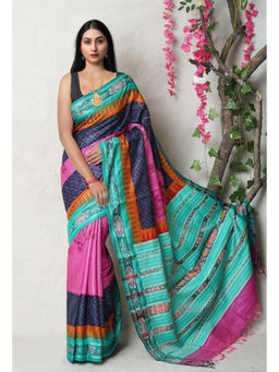 Unnati Silks - Pink Pure Handloom Printed Vidarbha Tussar Silk Saree with Unstitched Blouse