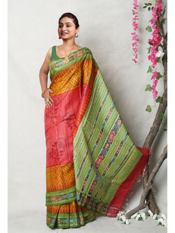 Unnati Silks - Red Pure Handloom Printed Vidarbha Tussar Silk Saree with Unstitched Blouse