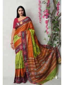 Unnati Silks - Green Pure Handloom Printed Vidarbha Tussar Silk Saree with Unstitched Blouse