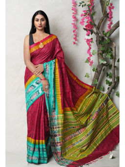 Unnati Silks - Red Pure Handloom Printed Vidarbha Tussar Silk Saree with Unstitched Blouse