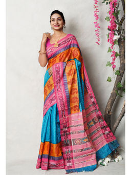 Unnati Silks - Blue Pure Handloom Printed Vidarbha Tussar Silk Saree with Unstitched Blouse