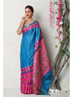 Unnati Silks - Blue Pure Handloom Printed Vidarbha Tussar Silk Saree with Unstitched Blouse