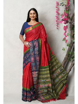 Unnati Silks - Red Pure Handloom Printed Vidarbha Tussar Silk Saree with Unstitched Blouse