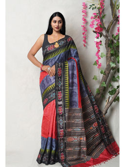 Unnati Silks - Red Pure Handloom Printed Vidarbha Tussar Silk Saree with Unstitched Blouse