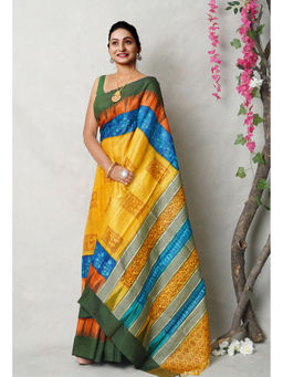 Unnati Silks - Yellow Pure Handloom Printed Vidarbha Tussar Silk Saree with Unstitched Blouse