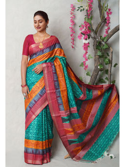 Unnati Silks - Green Pure Handloom Printed Vidarbha Tussar Silk Saree with Unstitched Blouse