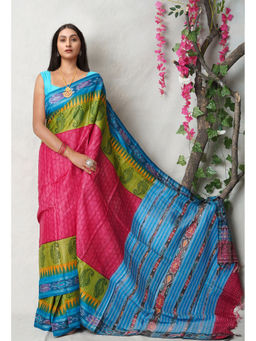Unnati Silks - Pink Pure Handloom Printed Vidarbha Tussar Silk Saree with Unstitched Blouse