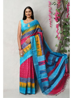 Unnati Silks - Pink Pure Handloom Printed Vidarbha Tussar Silk Saree with Unstitched Blouse