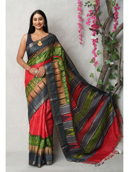 Unnati Silks - Red Pure Handloom Printed Vidarbha Tussar Silk Saree with Unstitched Blouse