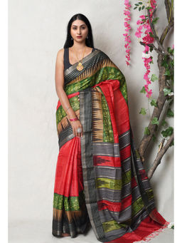 Unnati Silks - Red Pure Handloom Printed Vidarbha Tussar Silk Saree with Unstitched Blouse