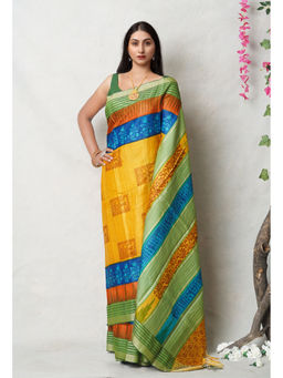 Unnati Silks - Yellow Pure Handloom Printed Vidarbha Tussar Silk Saree with Unstitched Blouse