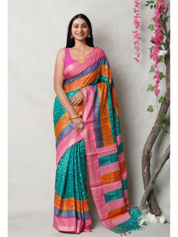 Unnati Silks - Green Pure Handloom Printed Vidarbha Tussar Silk Saree with Unstitched Blouse