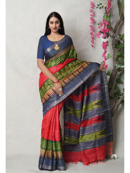Unnati Silks - Red Pure Handloom Printed Vidarbha Tussar Silk Saree with Unstitched Blouse