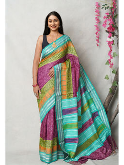 Unnati Silks - Purple Pure Handloom Printed Vidarbha Tussar Silk Saree with Unstitched Blouse
