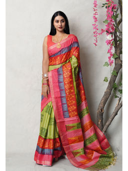 Unnati Silks - Green Pure Handloom Printed Vidarbha Tussar Silk Saree with Unstitched Blouse