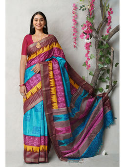 Unnati Silks - Blue Pure Handloom Printed Vidarbha Tussar Silk Saree with Unstitched Blouse