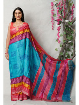 Unnati Silks - Blue Pure Handloom Printed Vidarbha Tussar Silk Saree with Unstitched Blouse