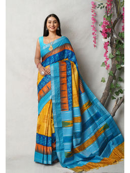 Unnati Silks - Yellow Pure Handloom Printed Vidarbha Tussar Silk Saree with Unstitched Blouse