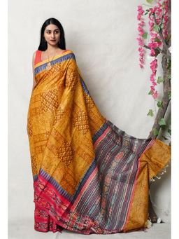 Unnati Silks - Mustard Pure Handloom Printed Vidarbha Tussar Silk Saree with Unstitched Blouse