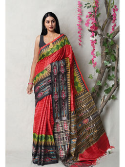 Unnati Silks - Red Pure Handloom Printed Vidarbha Tussar Silk Saree with Unstitched Blouse