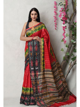 Unnati Silks - Red Pure Handloom Printed Vidarbha Tussar Silk Saree with Unstitched Blouse