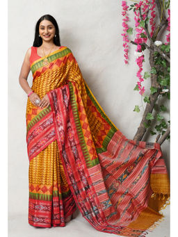 Unnati Silks - Mustard Pure Handloom Printed Vidarbha Tussar Silk Saree with Unstitched Blouse