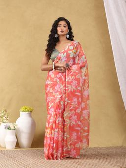 Garden VARELI - Women Peach Chiffon Floral Saree Without Blouse