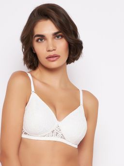 Clovia - Lace Self Design Padded Full Cup Wire Free T-Shirt Bra - White