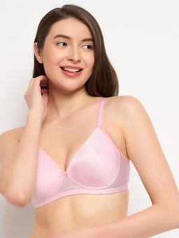 Clovia - Polyamide Stripes Padded Full Cup Wire Free T-Shirt Bra - Pink