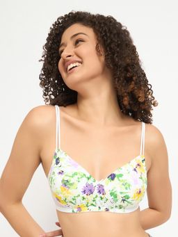 Clovia - Polyamide Floral Padded Full Cup Wire Free T-Shirt Bra - White