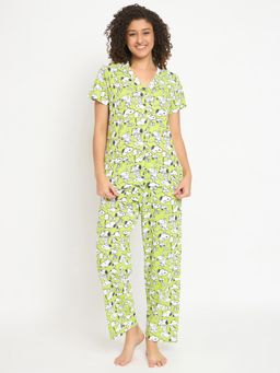 Clovia - Cotton Graphic Shirt & Pyjama Green (Set of 2)